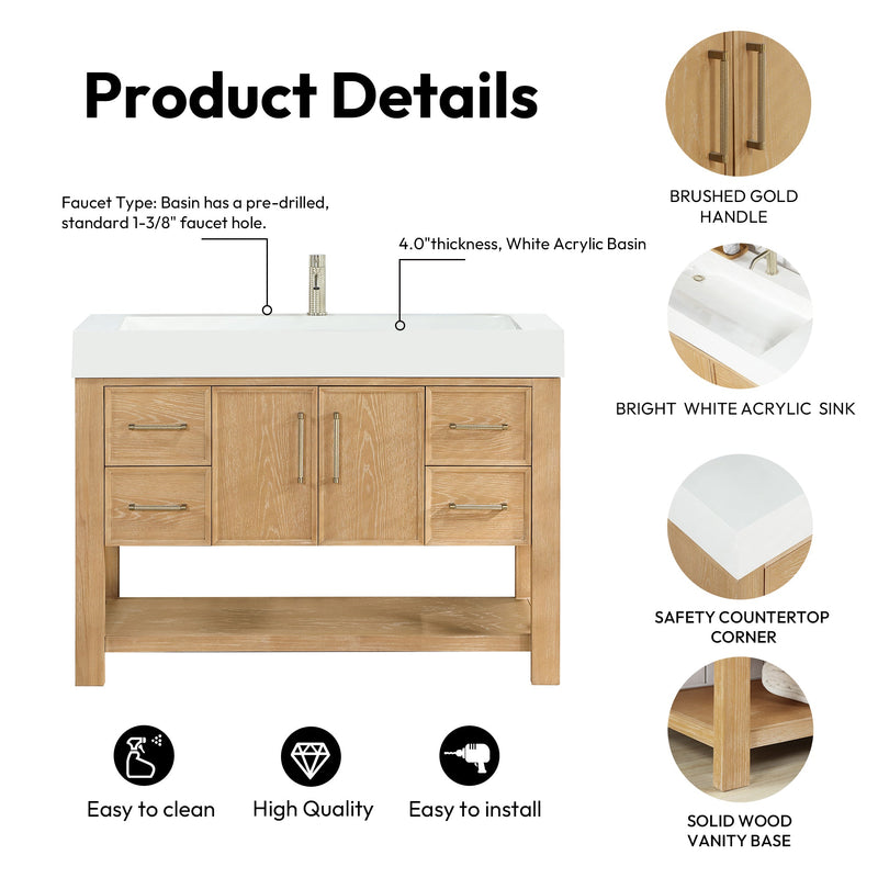 Vinnova 707148-WA-WH Vera 48" Free-standing Single Bath Vanity in Washed Ash Grey with White Integrated Stone Sink Top