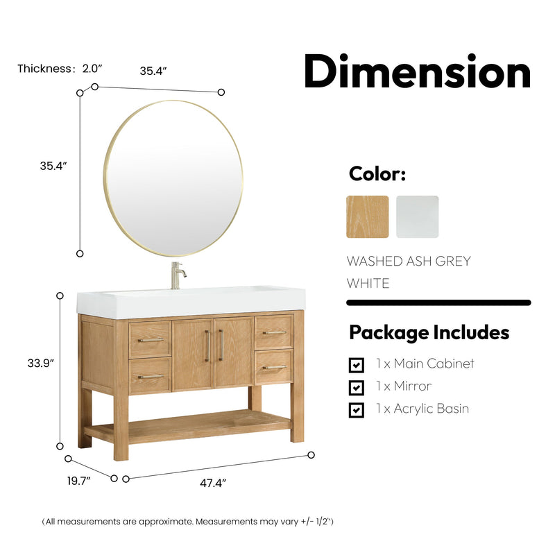 Vinnova 707148-WA-WH Vera 48" Free-standing Single Bath Vanity in Washed Ash Grey with White Integrated Stone Sink Top