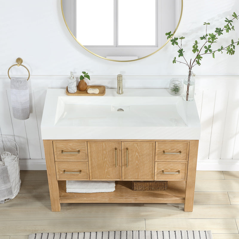 Vinnova 707148-WA-WH Vera 48" Free-standing Single Bath Vanity in Washed Ash Grey with White Integrated Stone Sink Top
