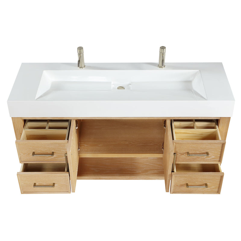 Vinnova 707160-WA-WH Vera 60" Free-standing Single Bath Vanity in Washed Ash Grey with White Integrated Stone Sink Top