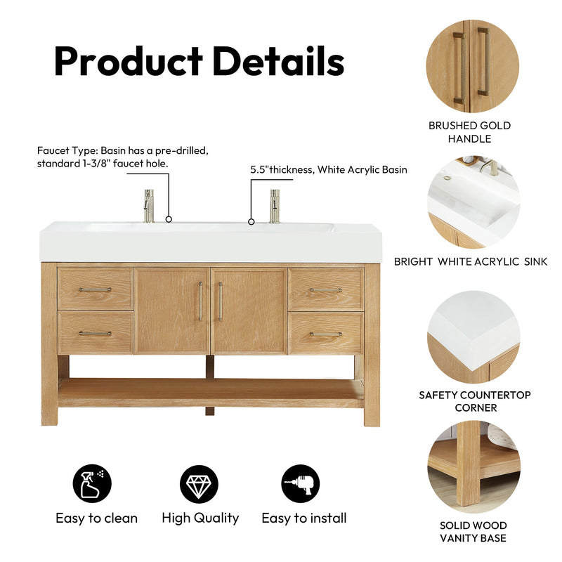 Vinnova 707160-WA-WH Vera 60" Free-standing Single Bath Vanity in Washed Ash Grey with White Integrated Stone Sink Top