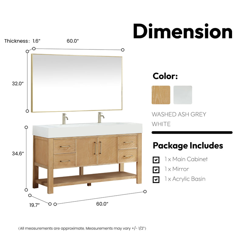 Vinnova 707160-WA-WH Vera 60" Free-standing Single Bath Vanity in Washed Ash Grey with White Integrated Stone Sink Top
