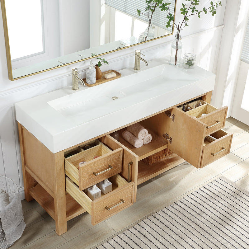Vinnova 707160-WA-WH Vera 60" Free-standing Single Bath Vanity in Washed Ash Grey with White Integrated Stone Sink Top