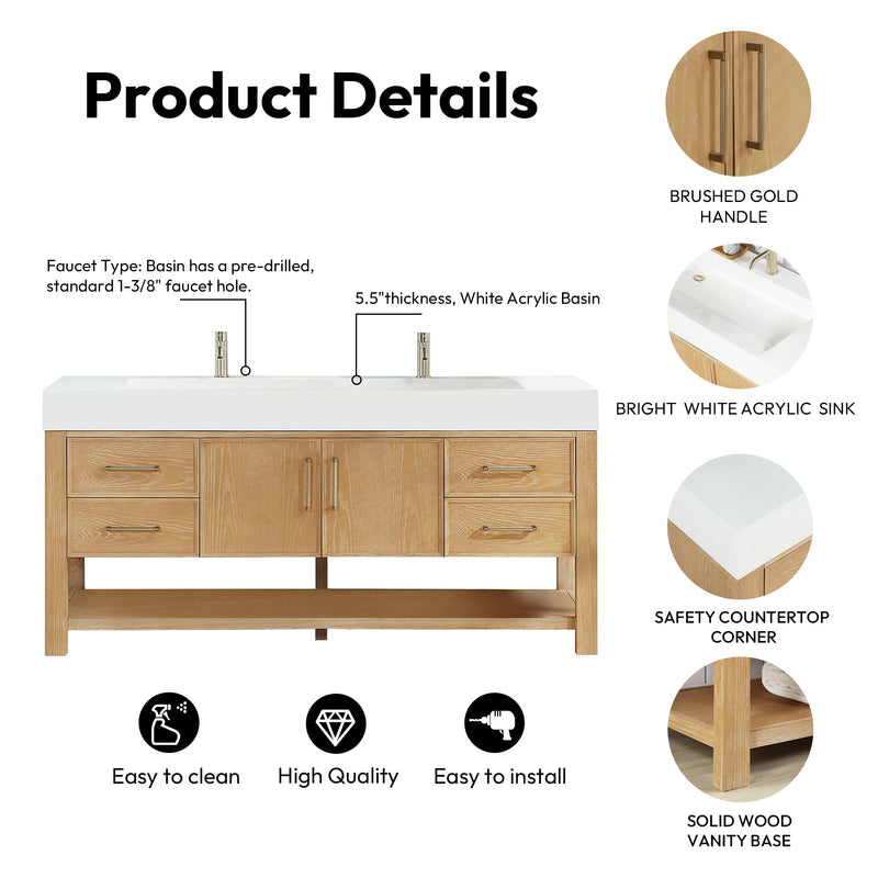 Vinnova 707172-WA-WH Vera 72" Free-standing Single Bath Vanity in Washed Ash Grey with White Integrated Stone Sink Top