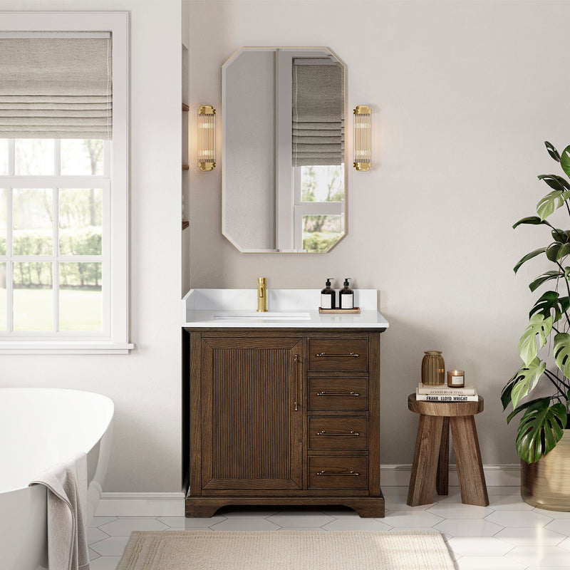 Vinnova 707336-AD-BH Tokyo 36" Freestanding Single Bath Vanity in Aged Dark Brown Oak with Silk White Quartz Stone Top