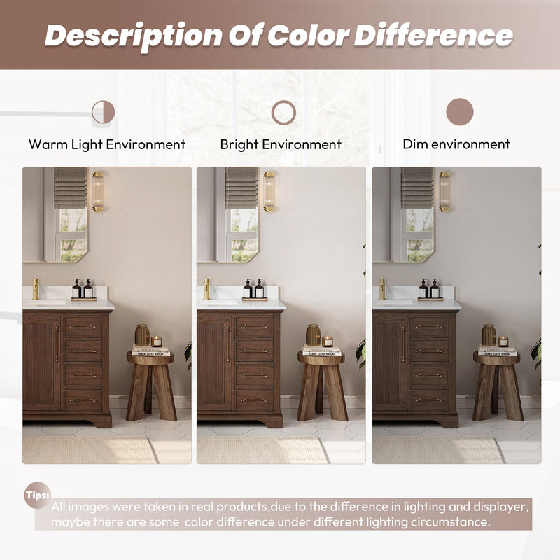 Vinnova 707336-AD-BH Tokyo 36" Freestanding Single Bath Vanity in Aged Dark Brown Oak with Silk White Quartz Stone Top
