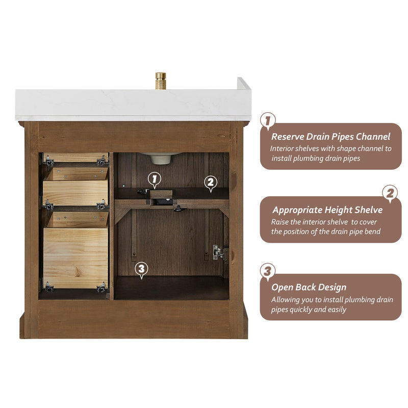 Vinnova 707336-AD-BH Tokyo 36" Freestanding Single Bath Vanity in Aged Dark Brown Oak with Silk White Quartz Stone Top