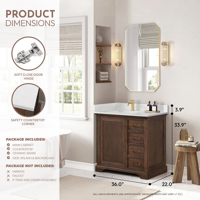Vinnova 707336-AD-BH Tokyo 36" Freestanding Single Bath Vanity in Aged Dark Brown Oak with Silk White Quartz Stone Top