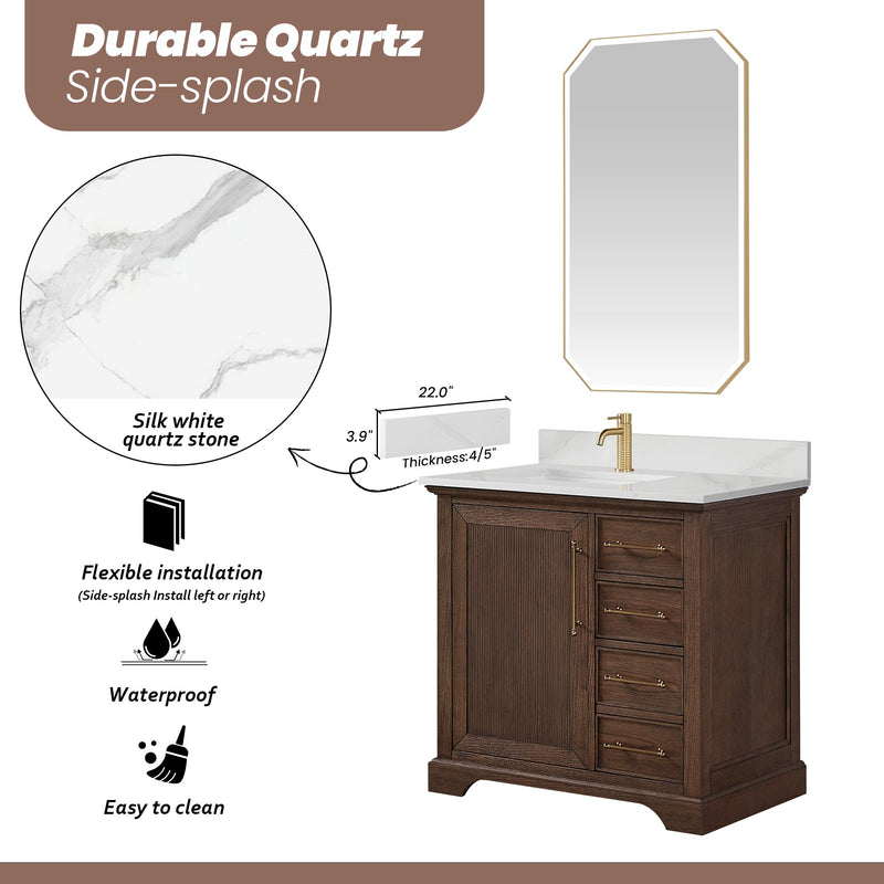 Vinnova 707336-AD-BH Tokyo 36" Freestanding Single Bath Vanity in Aged Dark Brown Oak with Silk White Quartz Stone Top
