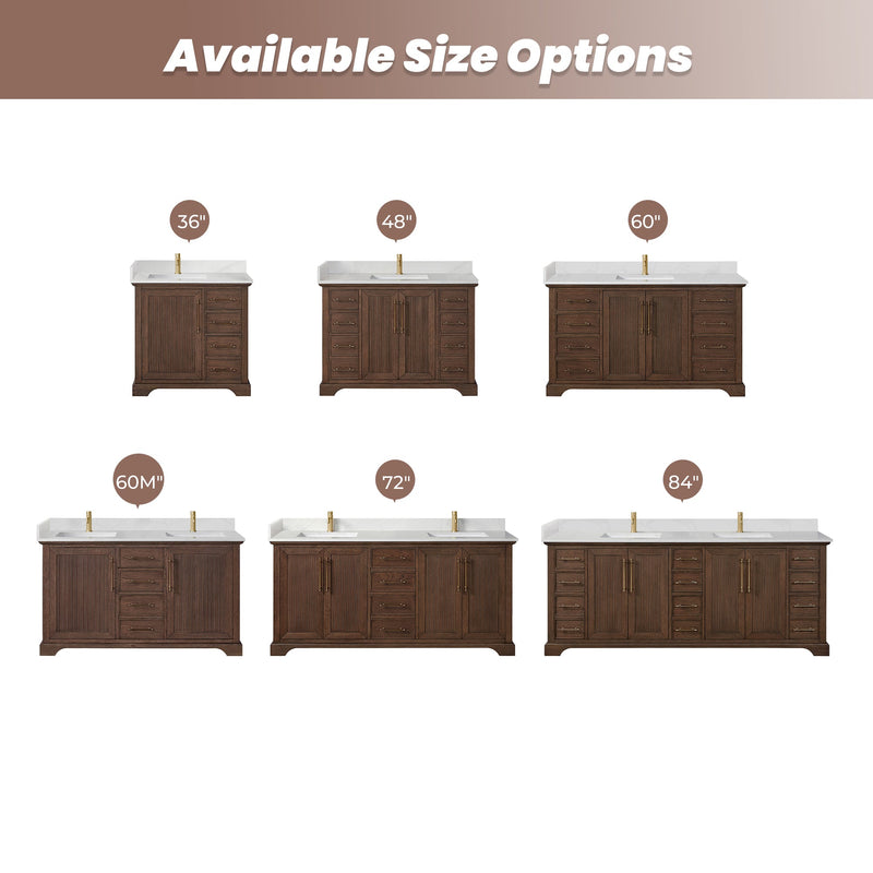 Vinnova 707336-AD-BH Tokyo 36" Freestanding Single Bath Vanity in Aged Dark Brown Oak with Silk White Quartz Stone Top