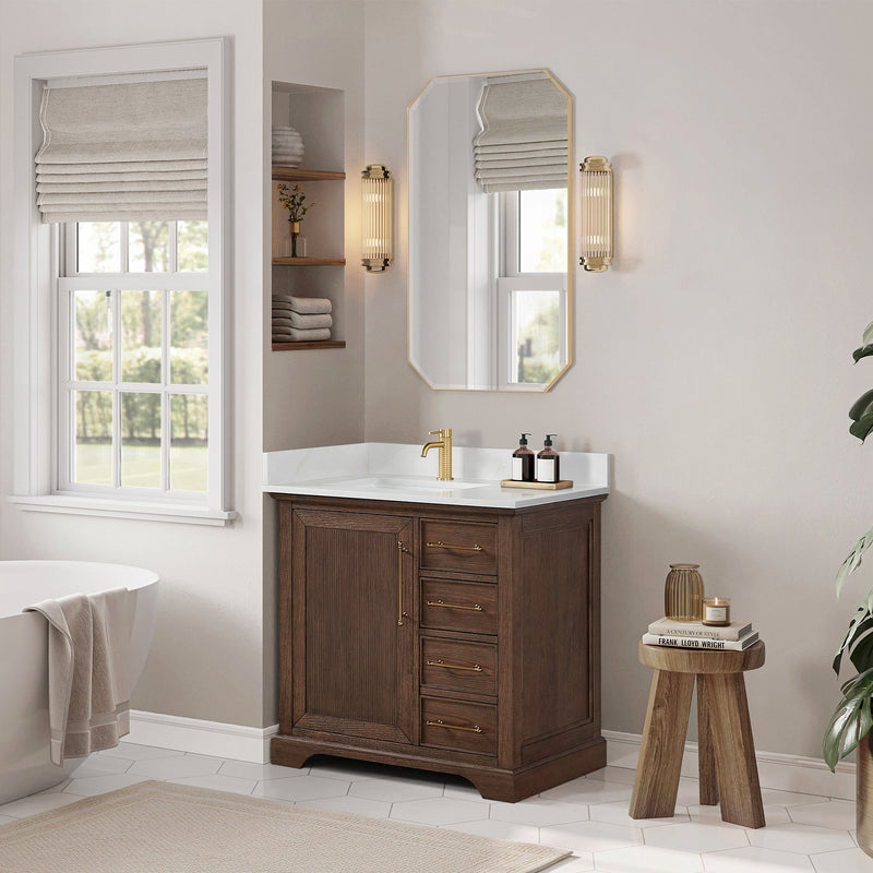 Vinnova 707336-AD-BH Tokyo 36" Freestanding Single Bath Vanity in Aged Dark Brown Oak with Silk White Quartz Stone Top