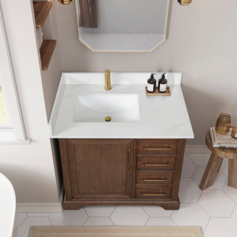 Vinnova 707336-AD-BH Tokyo 36" Freestanding Single Bath Vanity in Aged Dark Brown Oak with Silk White Quartz Stone Top