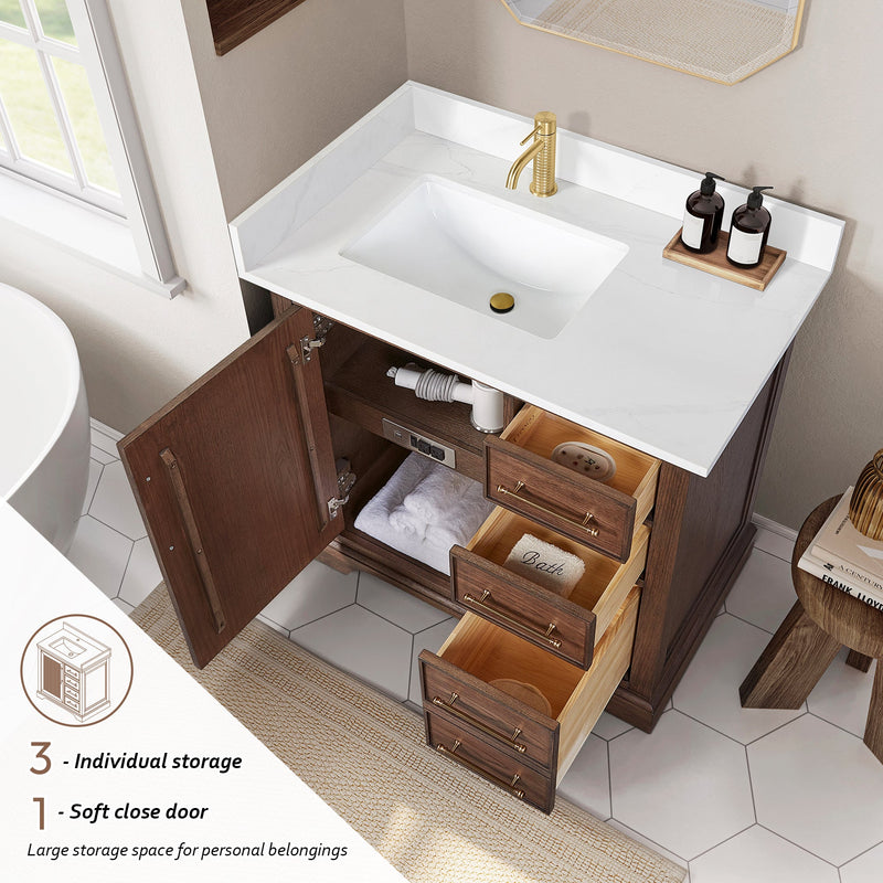 Vinnova 707336-AD-BH Tokyo 36" Freestanding Single Bath Vanity in Aged Dark Brown Oak with Silk White Quartz Stone Top