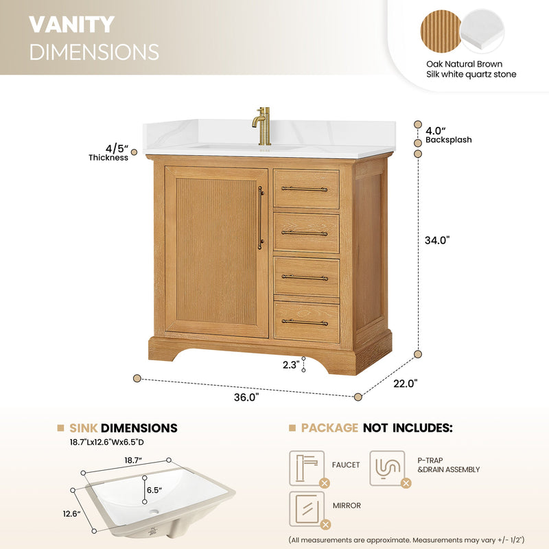 Vinnova 707336-ON-BH Tokyo 36" Single Bath Vanity in Oak Natural Brown