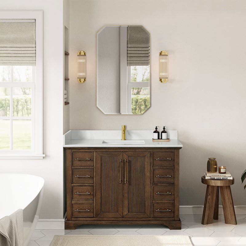 Vinnova 707348-AD-BH Tokyo 48" Freestanding Single Bath Vanity in Aged Dark Brown Oak with Silk White Quartz Stone Top