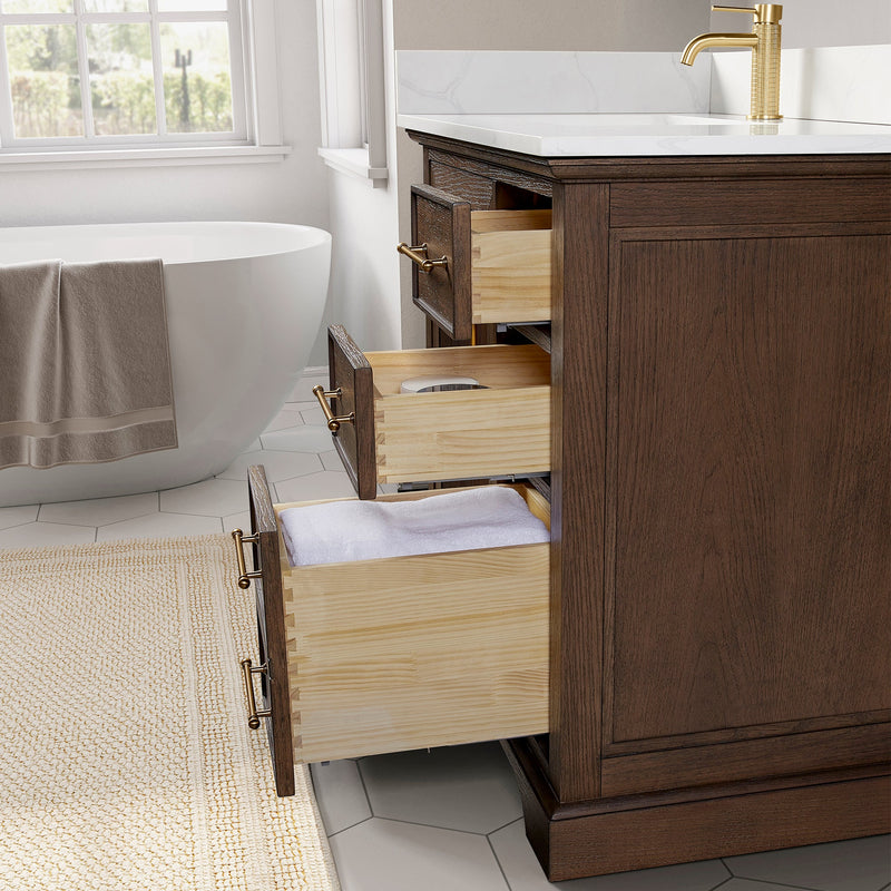 Vinnova 707348-AD-BH Tokyo 48" Freestanding Single Bath Vanity in Aged Dark Brown Oak with Silk White Quartz Stone Top