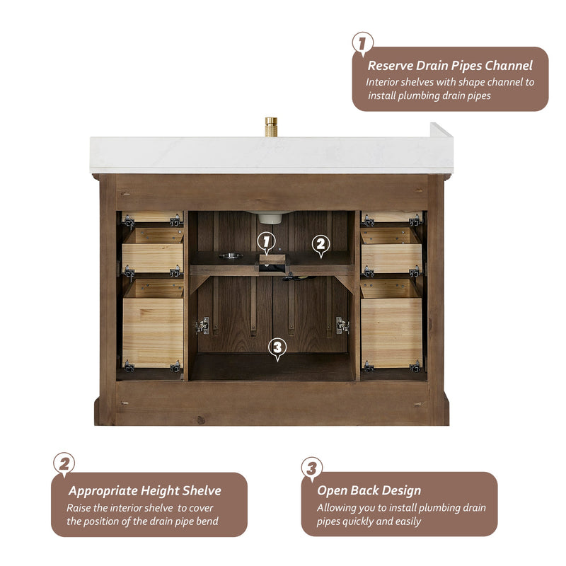 Vinnova 707348-AD-BH Tokyo 48" Freestanding Single Bath Vanity in Aged Dark Brown Oak with Silk White Quartz Stone Top