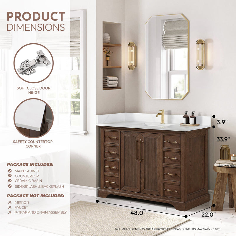 Vinnova 707348-AD-BH Tokyo 48" Freestanding Single Bath Vanity in Aged Dark Brown Oak with Silk White Quartz Stone Top