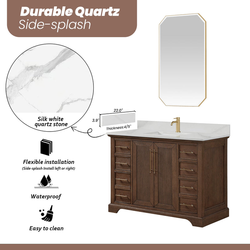 Vinnova 707348-AD-BH Tokyo 48" Freestanding Single Bath Vanity in Aged Dark Brown Oak with Silk White Quartz Stone Top