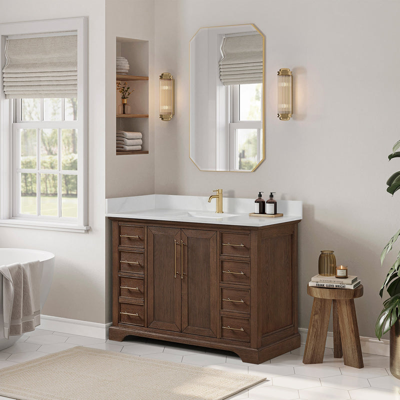 Vinnova 707348-AD-BH Tokyo 48" Freestanding Single Bath Vanity in Aged Dark Brown Oak with Silk White Quartz Stone Top