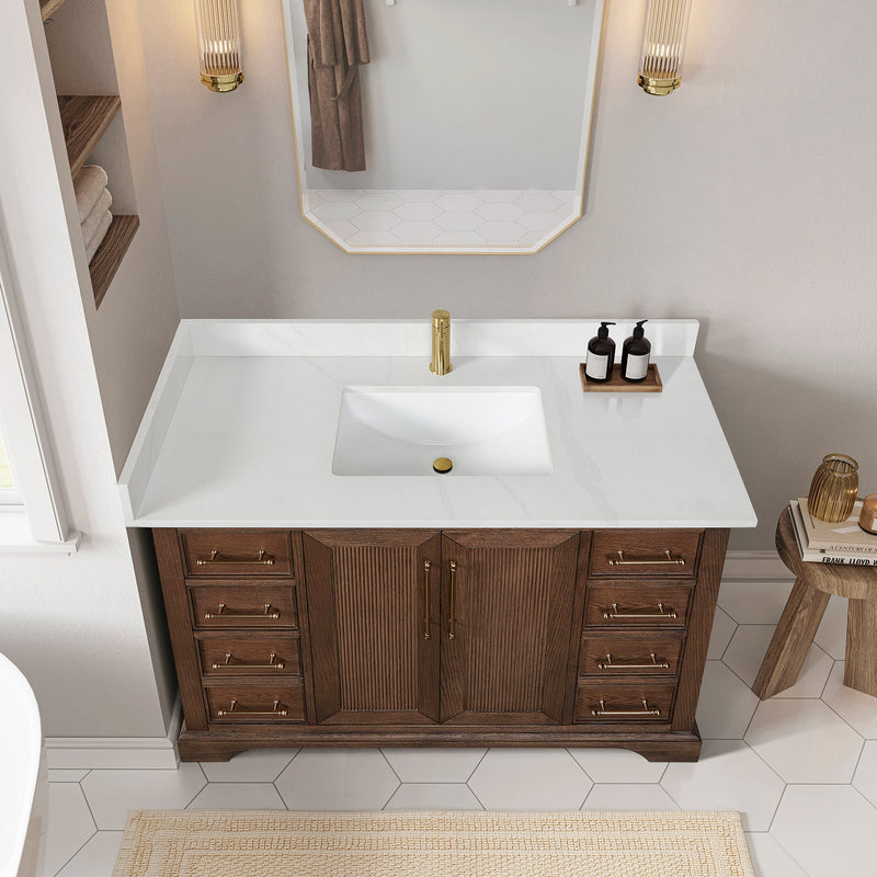 Vinnova 707348-AD-BH Tokyo 48" Freestanding Single Bath Vanity in Aged Dark Brown Oak with Silk White Quartz Stone Top
