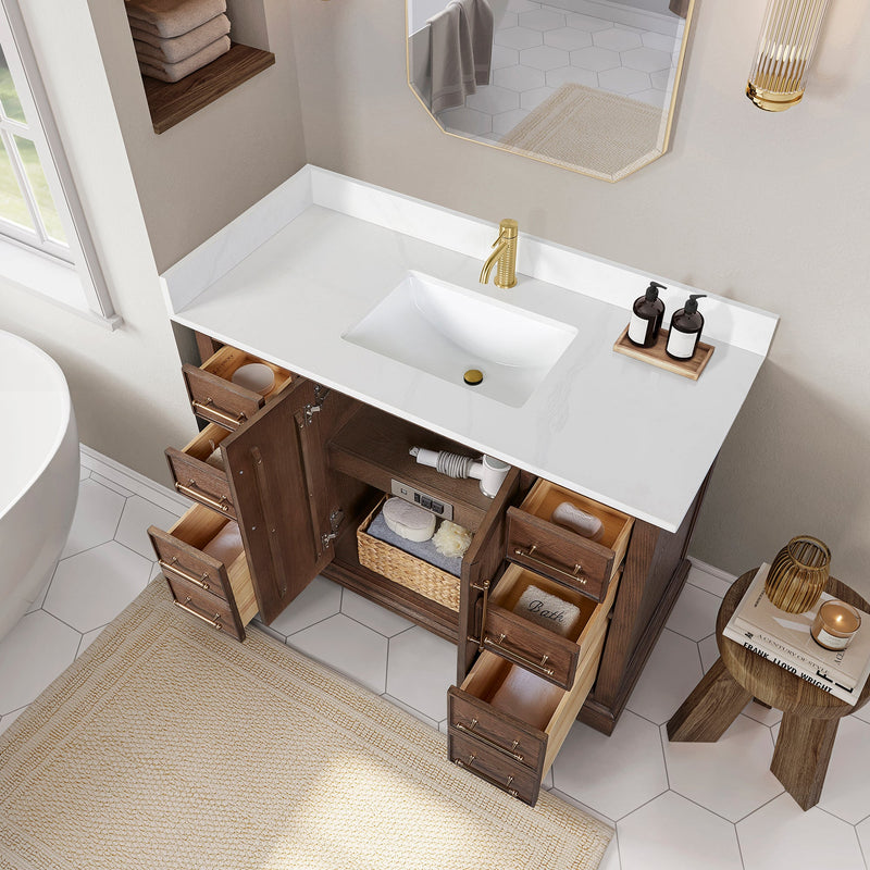 Vinnova 707348-AD-BH Tokyo 48" Freestanding Single Bath Vanity in Aged Dark Brown Oak with Silk White Quartz Stone Top