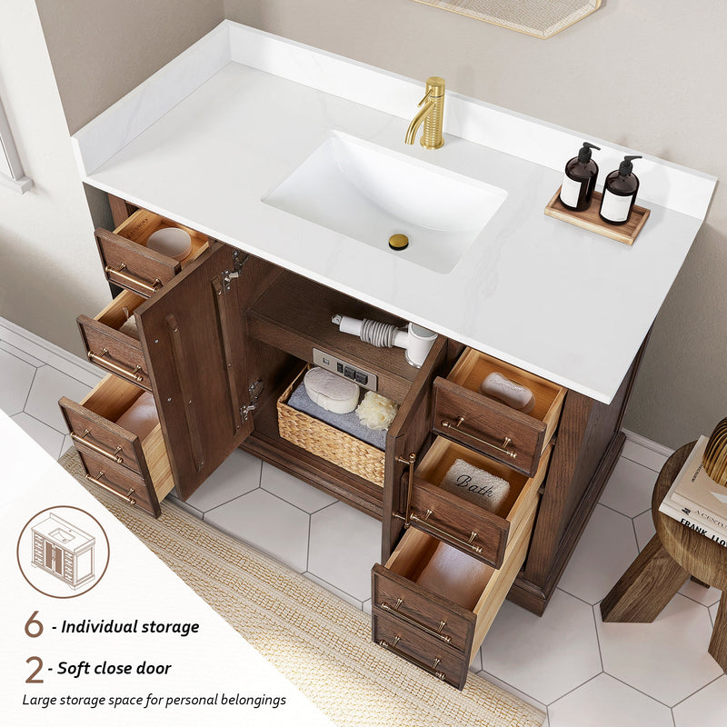Vinnova 707348-AD-BH Tokyo 48" Freestanding Single Bath Vanity in Aged Dark Brown Oak with Silk White Quartz Stone Top