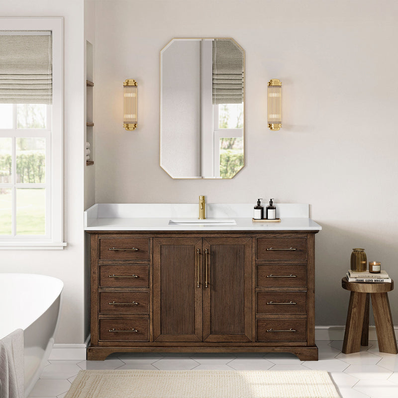 Vinnova 707360-AD-BH Tokyo 60" Freestanding Single Bath Vanity in Aged Dark Brown Oak with Silk White Quartz Stone Top