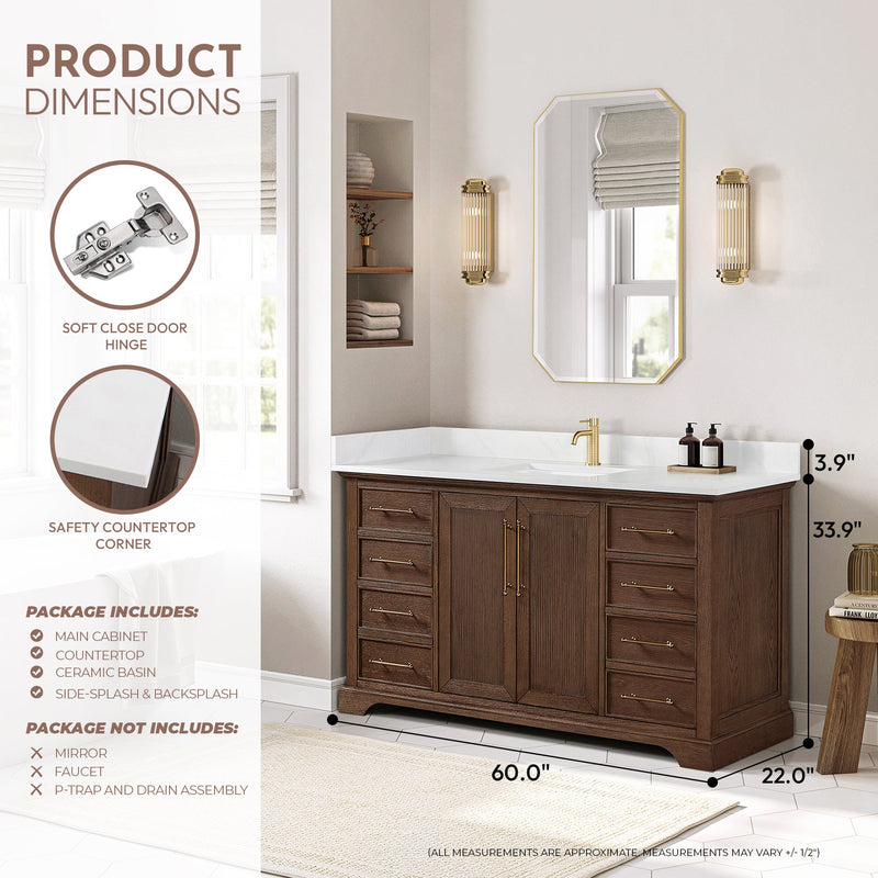 Vinnova 707360-AD-BH Tokyo 60" Freestanding Single Bath Vanity in Aged Dark Brown Oak with Silk White Quartz Stone Top