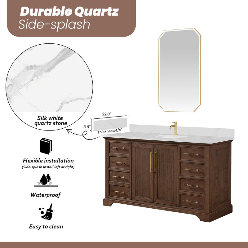 Vinnova 707360-AD-BH Tokyo 60" Freestanding Single Bath Vanity in Aged Dark Brown Oak with Silk White Quartz Stone Top