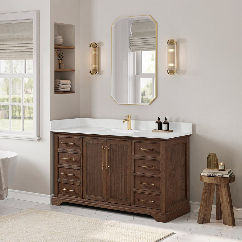 Vinnova 707360-AD-BH Tokyo 60" Freestanding Single Bath Vanity in Aged Dark Brown Oak with Silk White Quartz Stone Top
