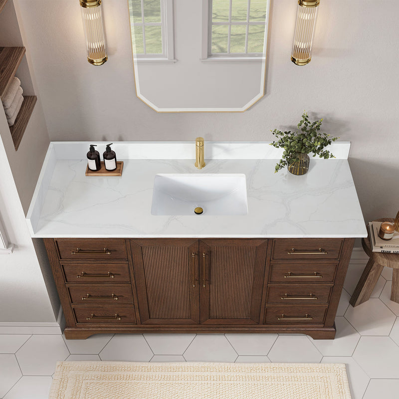 Vinnova 707360-AD-BH Tokyo 60" Freestanding Single Bath Vanity in Aged Dark Brown Oak with Silk White Quartz Stone Top