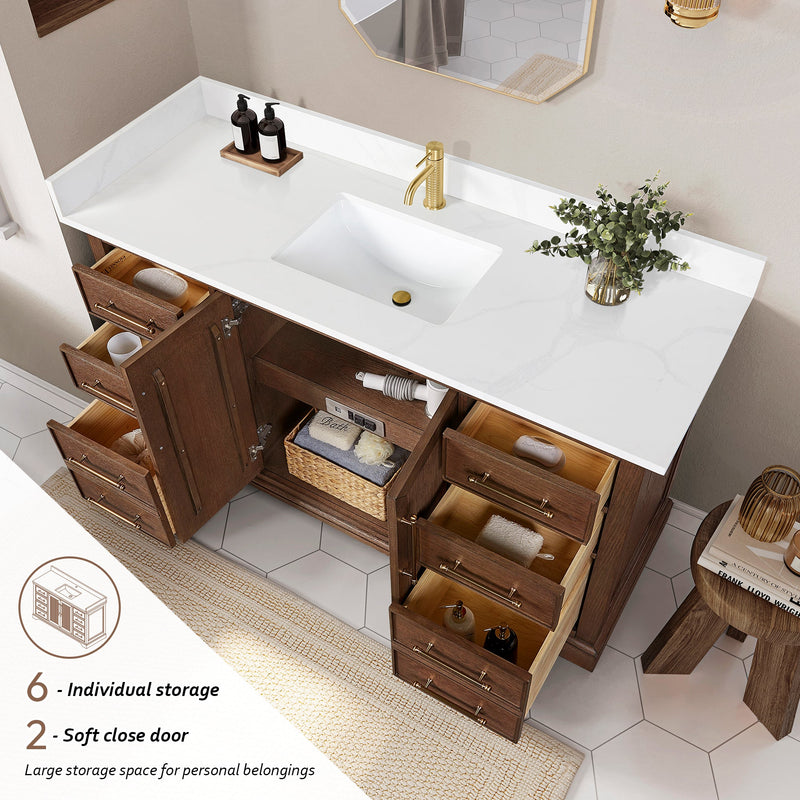Vinnova 707360-AD-BH Tokyo 60" Freestanding Single Bath Vanity in Aged Dark Brown Oak with Silk White Quartz Stone Top