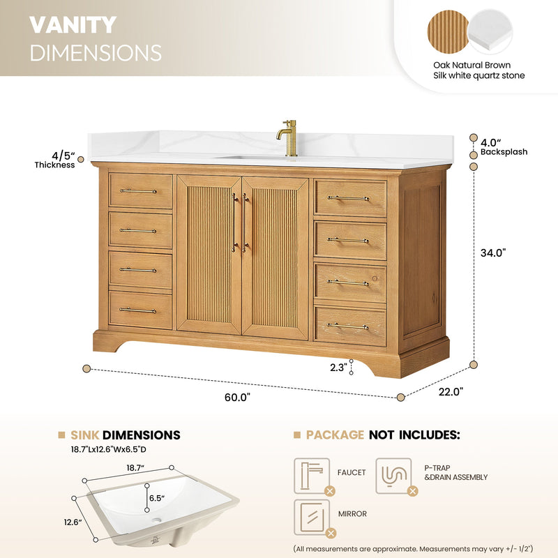 Vinnova 707360-ON-BH Tokyo 60" Single Bath Vanity in Oak Natural Brown