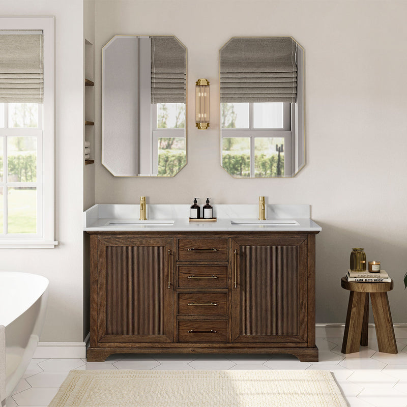 Vinnova 707360M-AD-BH Tokyo 60M" Freestanding Double Bath Vanity in Aged Dark Brown Oak with Silk White Quartz Stone Top