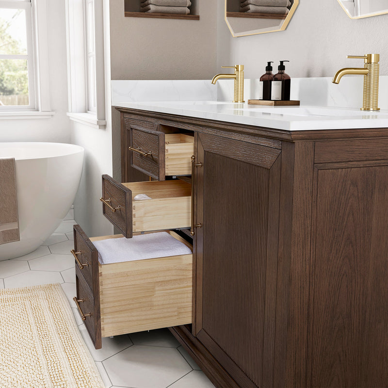 Vinnova 707360M-AD-BH Tokyo 60M" Freestanding Double Bath Vanity in Aged Dark Brown Oak with Silk White Quartz Stone Top