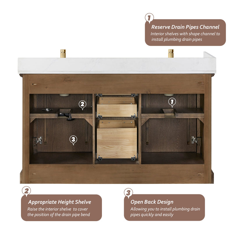 Vinnova 707360M-AD-BH Tokyo 60M" Freestanding Double Bath Vanity in Aged Dark Brown Oak with Silk White Quartz Stone Top
