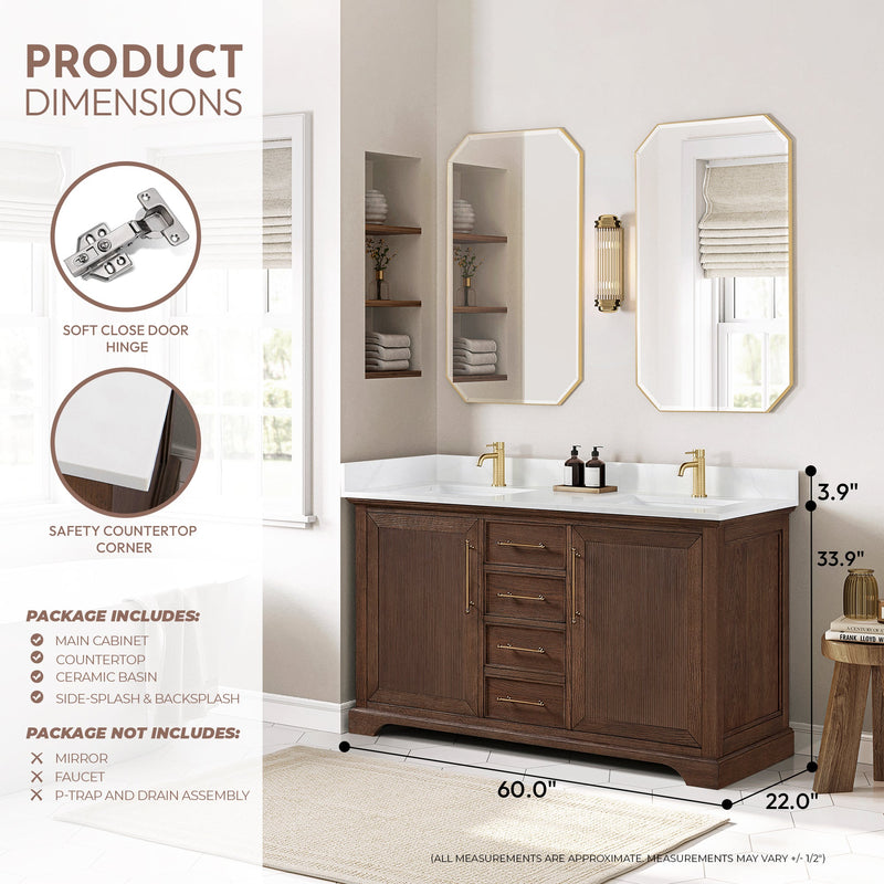 Vinnova 707360M-AD-BH Tokyo 60M" Freestanding Double Bath Vanity in Aged Dark Brown Oak with Silk White Quartz Stone Top