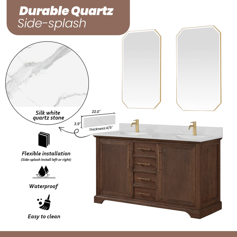 Vinnova 707360M-AD-BH Tokyo 60M" Freestanding Double Bath Vanity in Aged Dark Brown Oak with Silk White Quartz Stone Top