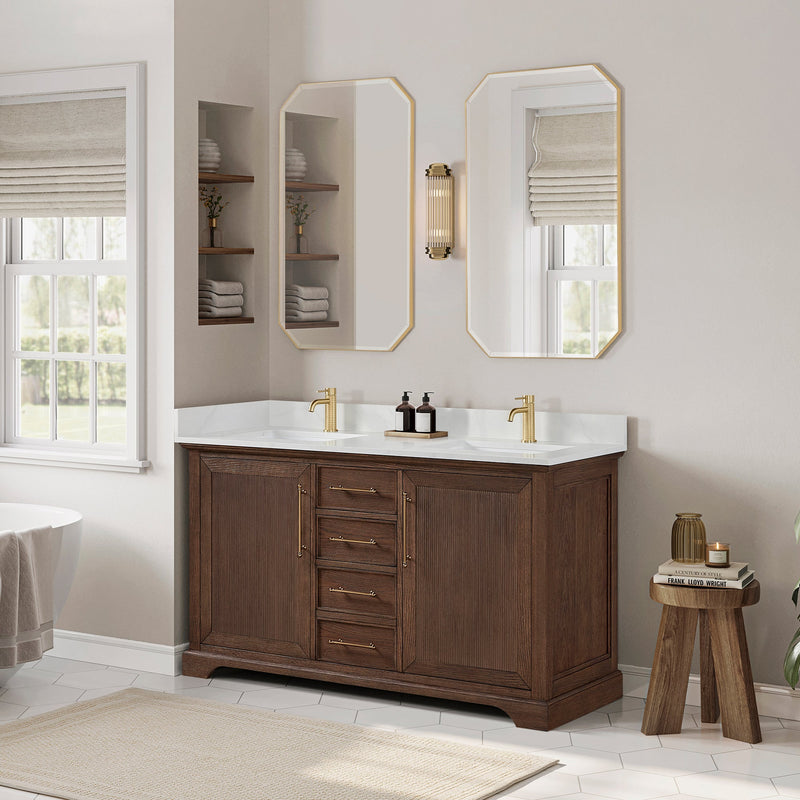 Vinnova 707360M-AD-BH Tokyo 60M" Freestanding Double Bath Vanity in Aged Dark Brown Oak with Silk White Quartz Stone Top