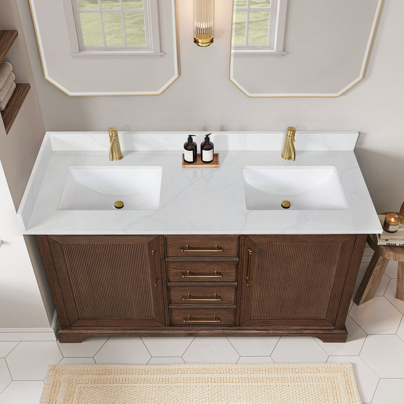 Vinnova 707360M-AD-BH Tokyo 60M" Freestanding Double Bath Vanity in Aged Dark Brown Oak with Silk White Quartz Stone Top