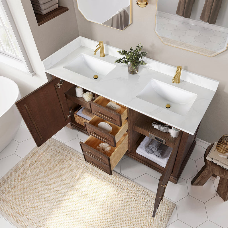 Vinnova 707360M-AD-BH Tokyo 60M" Freestanding Double Bath Vanity in Aged Dark Brown Oak with Silk White Quartz Stone Top