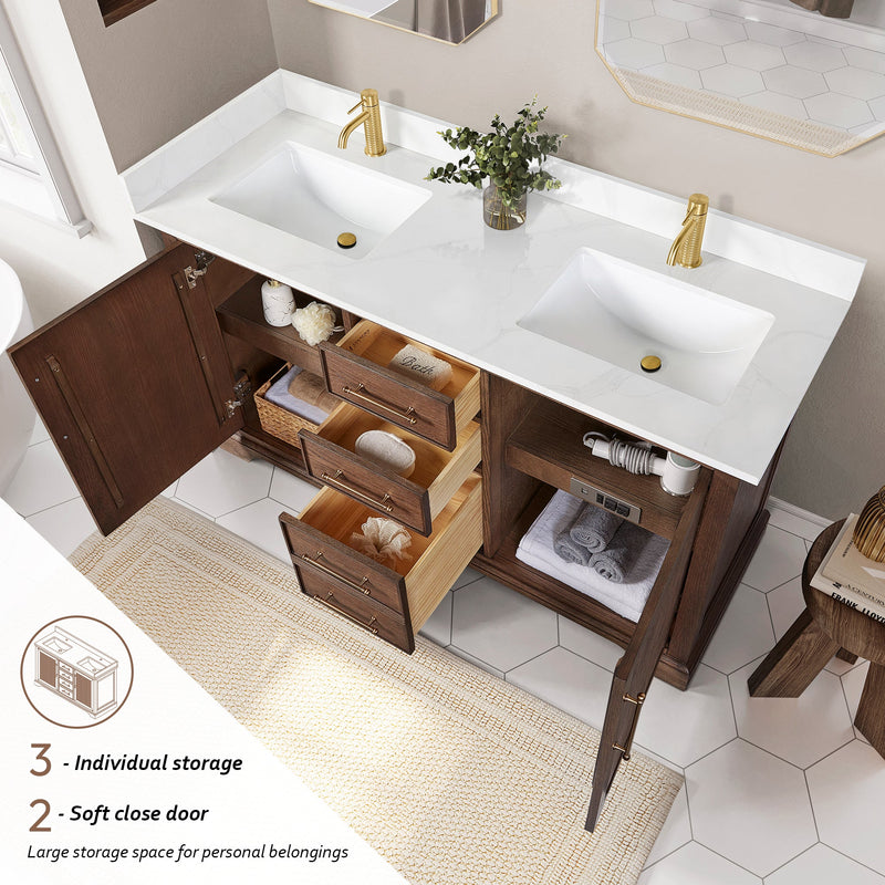 Vinnova 707360M-AD-BH Tokyo 60M" Freestanding Double Bath Vanity in Aged Dark Brown Oak with Silk White Quartz Stone Top