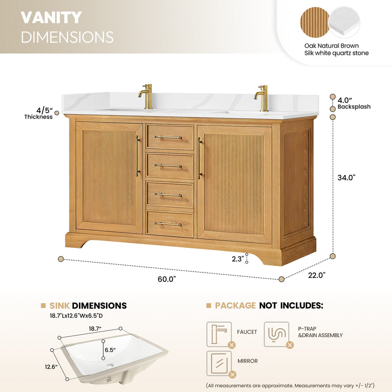 Vinnova 707360M-ON-BH Tokyo 60" Double Bath Vanity in Oak Natural Brown