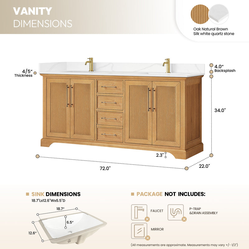 Vinnova 707372-ON-BH Tokyo 72"Double Bath Vanity in Oak Natural Brown