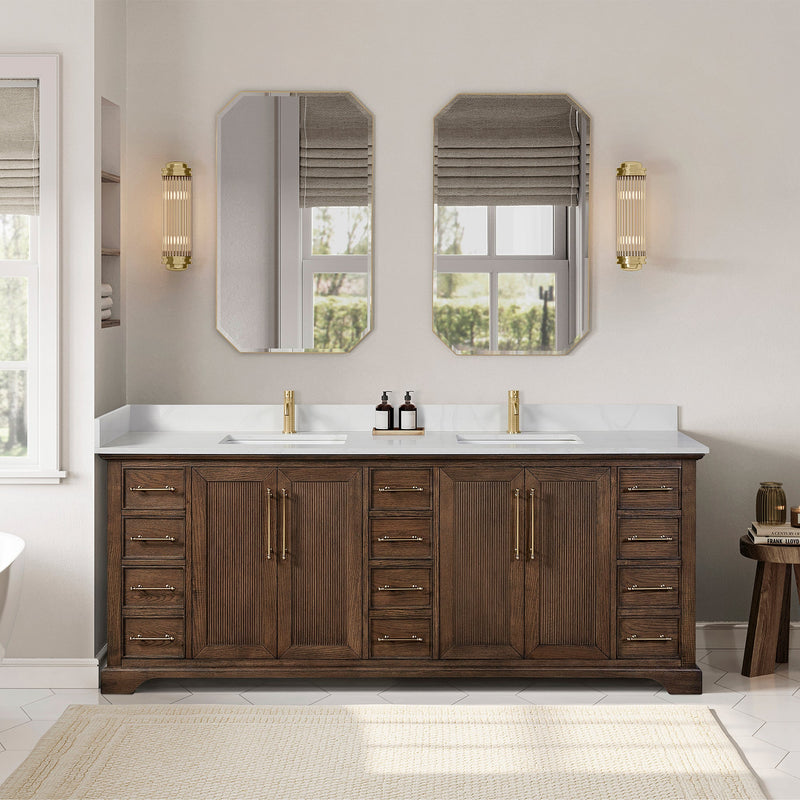 Vinnova 707384-AD-BH Tokyo 84" Freestanding Double Bath Vanity in Aged Dark Brown Oak with Silk White Quartz Stone Top