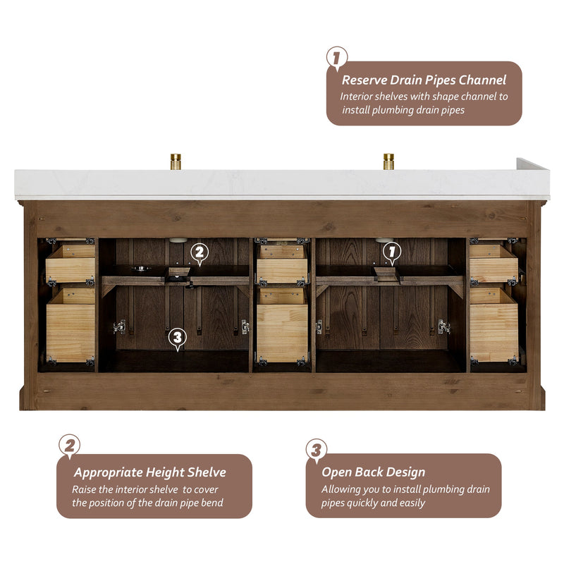 Vinnova 707384-AD-BH Tokyo 84" Freestanding Double Bath Vanity in Aged Dark Brown Oak with Silk White Quartz Stone Top
