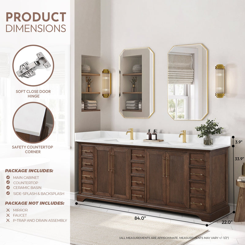 Vinnova 707384-AD-BH Tokyo 84" Freestanding Double Bath Vanity in Aged Dark Brown Oak with Silk White Quartz Stone Top
