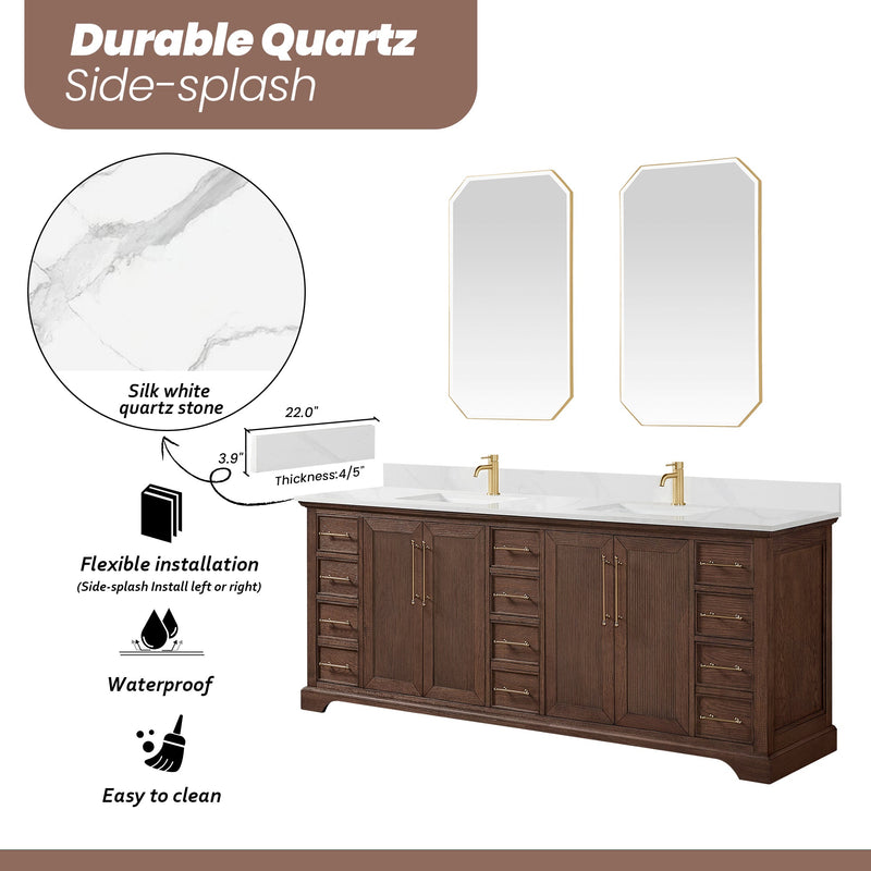 Vinnova 707384-AD-BH Tokyo 84" Freestanding Double Bath Vanity in Aged Dark Brown Oak with Silk White Quartz Stone Top