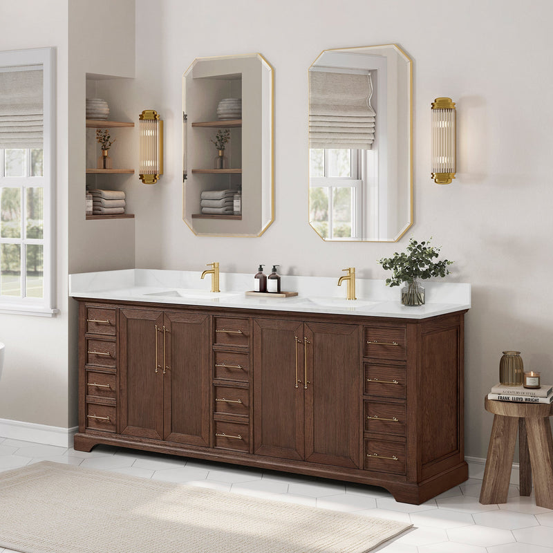 Vinnova 707384-AD-BH Tokyo 84" Freestanding Double Bath Vanity in Aged Dark Brown Oak with Silk White Quartz Stone Top